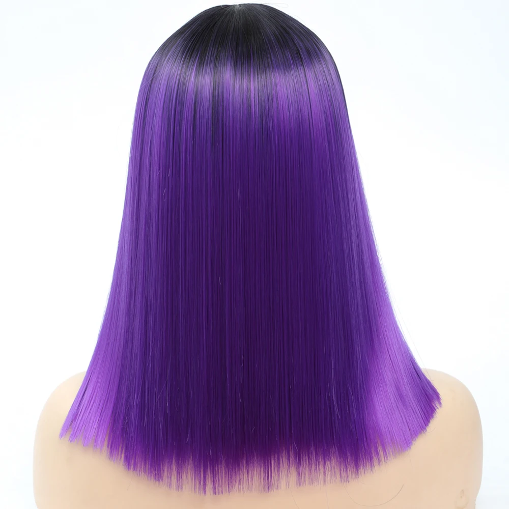 Ombre Wig Purple Short Straight Wigs Middle Part Shoulder Length Purple Dark Roots Natural Synthetic Wigs for Women Daily Party