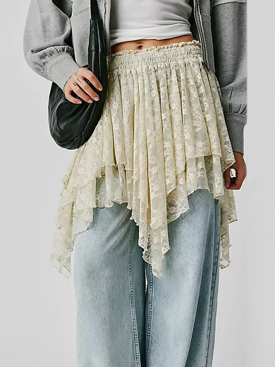 Women Lace Mini Skirts Solid Color Fashion Floral y2k Skirt Casual Vacation Flowy Fit Aesthetic Sheer Dress 2024 New Streetwear