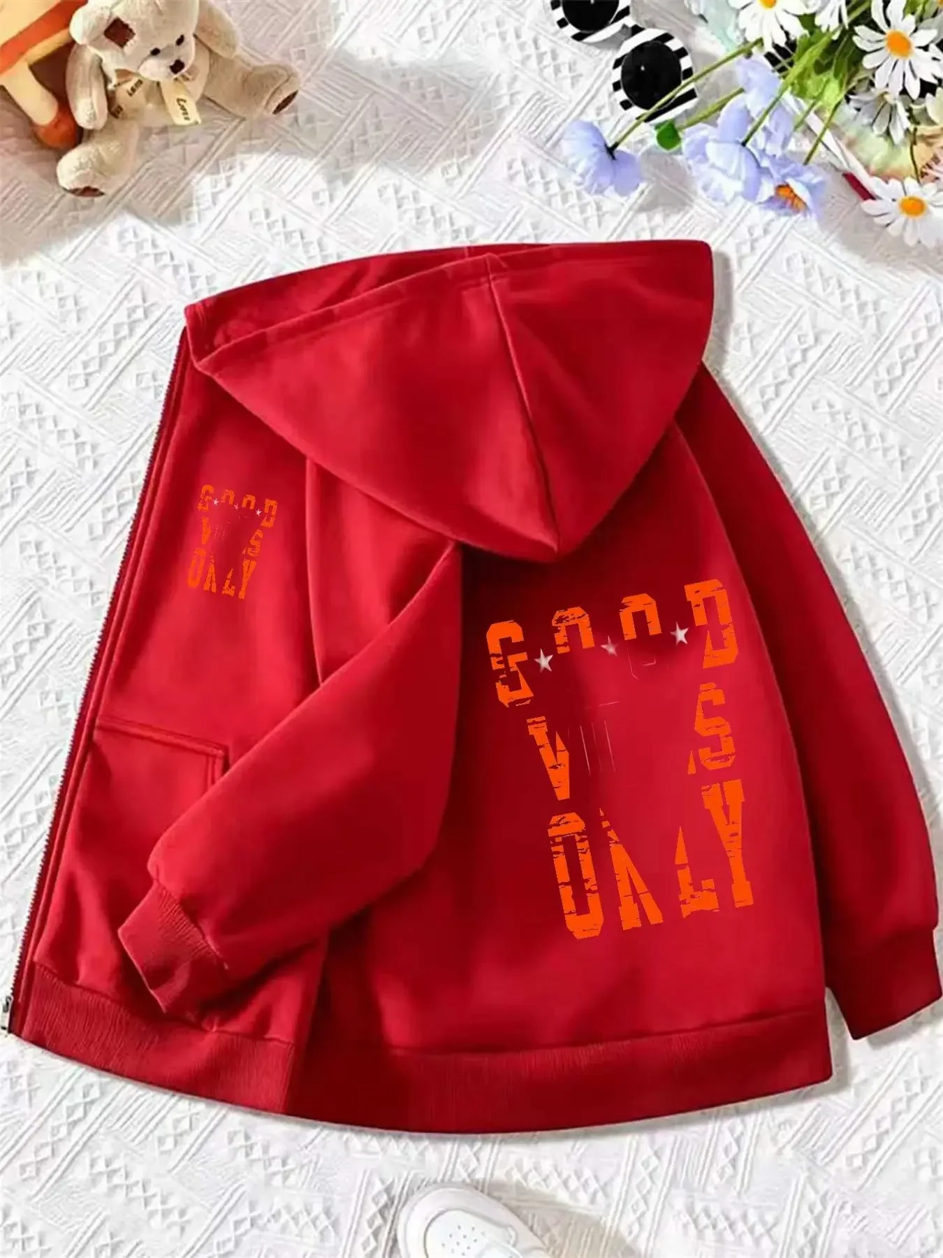 Kids Zip Up Hooded Jacket Good Vibes Only Distressed Star Letter Graphic Long Sleeve Casual Hoodie Outerwear For Boys Girls