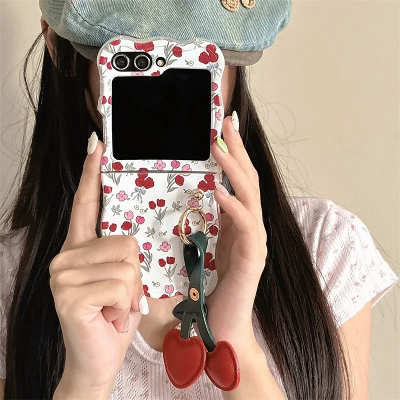 Custodia per telefono fiore pittura a colori per Samsung Galaxy Z Flip 6 5 4 3 Cover con custodie in silicone con ciondolo ciliegia per Z Flip4 Flip6 5G