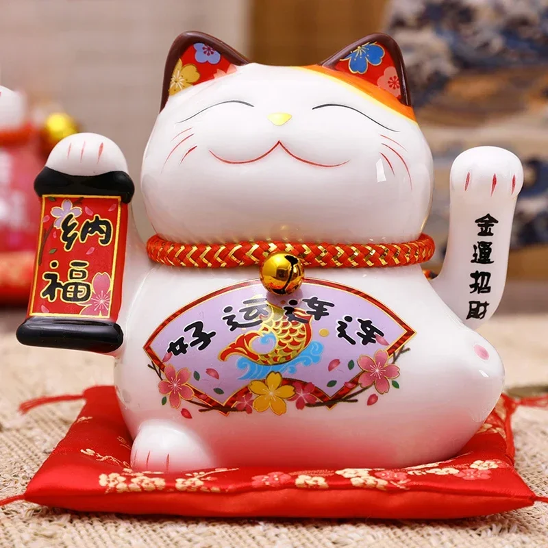 5 inch Maneki-neko Ceramic Fortune Cat Waving Hand Lucky Cat Plutus Cat Battery Powered Feng Shui
