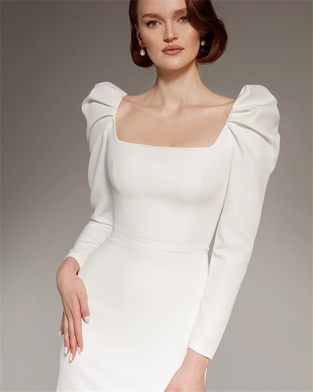 

Customized Formal Jersey Wedding Dresses for Woman Square Collar Long Sleeves Bridal Gowns Backless Open Back Robe de soirée
