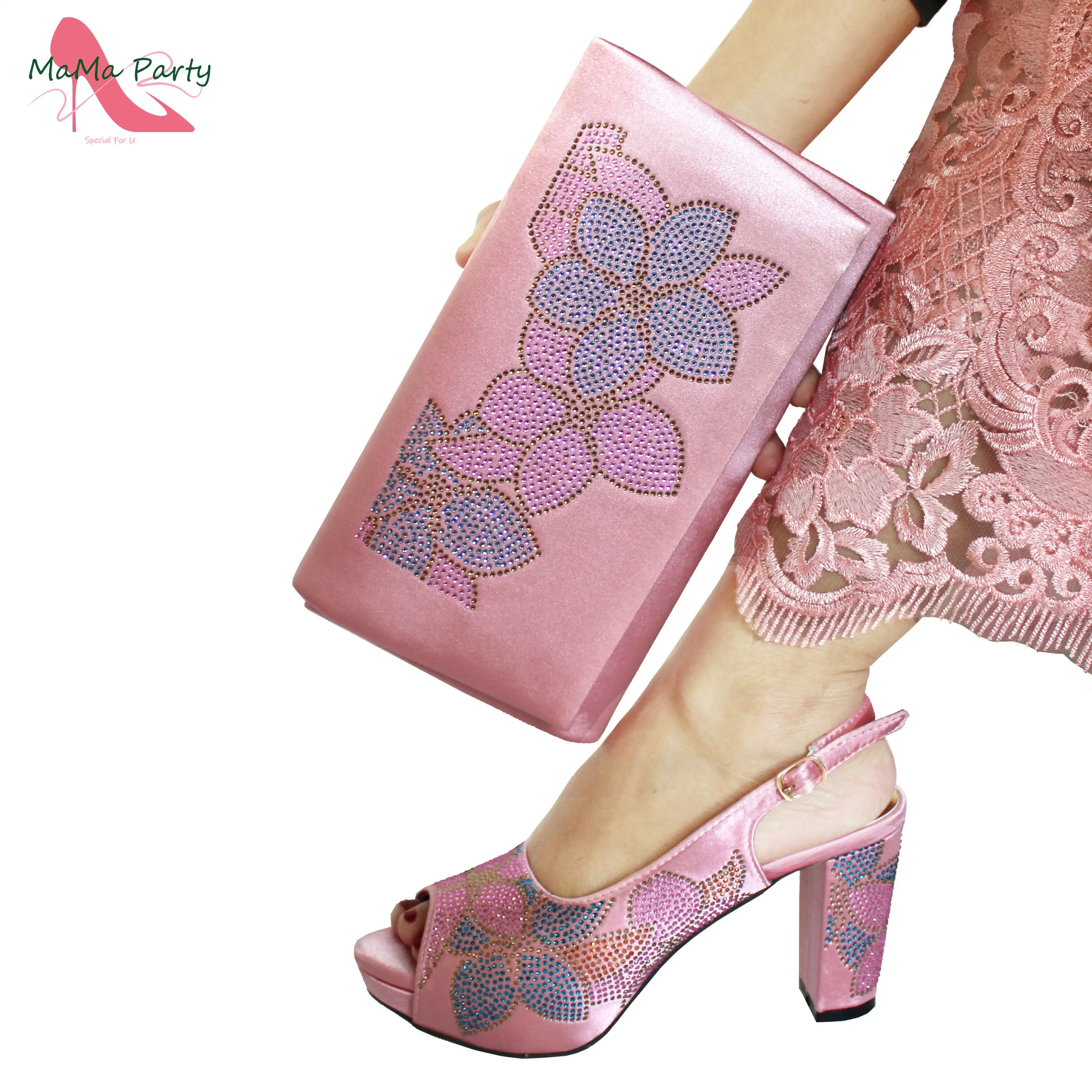 

Italian Design Shoes and Bag Set in Pink Color High Quality New Arrivals with Shinning Crystal for Wedding Party