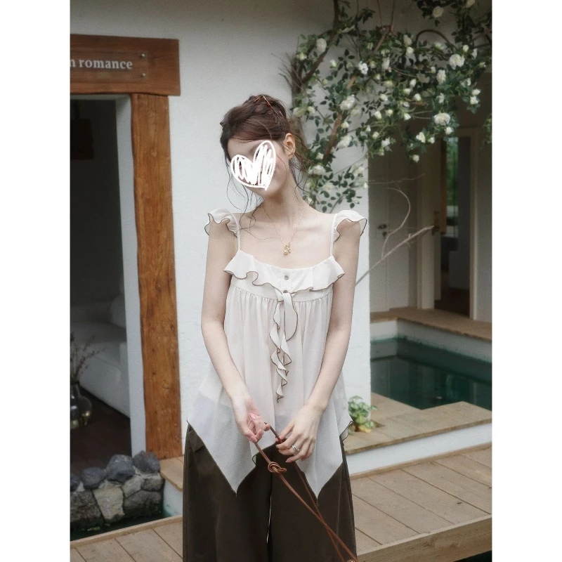 New Style Fashionable Ruffle Edge Irregular Small Fly Sleeves Lazy Cover Meat Unique Design Sense Top for Women 2026 Summer