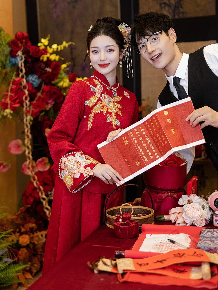 

Materni Qipao Wedding Dr Large Size New Chinese Sle High Waist A-Line Skirt Long Sve Polyester Fabric for Engagement