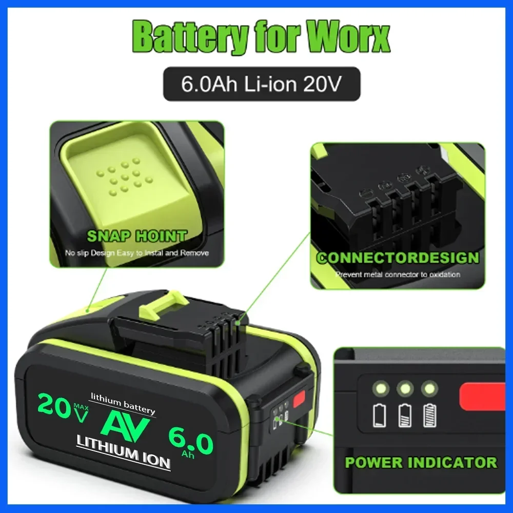 For Worx 20V 6000mAh/6.0Ah lithium-ion battery WA3553 WA3551 WA3572 WA3553 WX390 WX178 WU268 drill bit battery