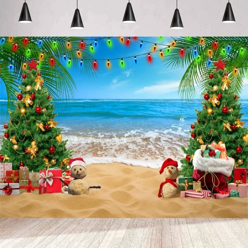 Christmas July Tropical Beach Photography Backdrop Summer Hawaiian Christmas Santa Snowman Blue Sky Holiday Party Background