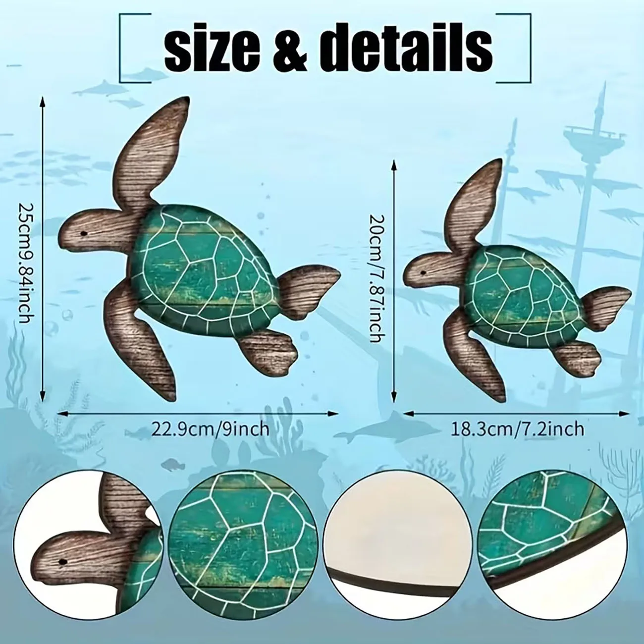 2Pcs Vintage Wooden Sea Turtle Wall Stickers, Rustic Turtle Decor for Bathroom Coastal Home with Nano Tape view 4