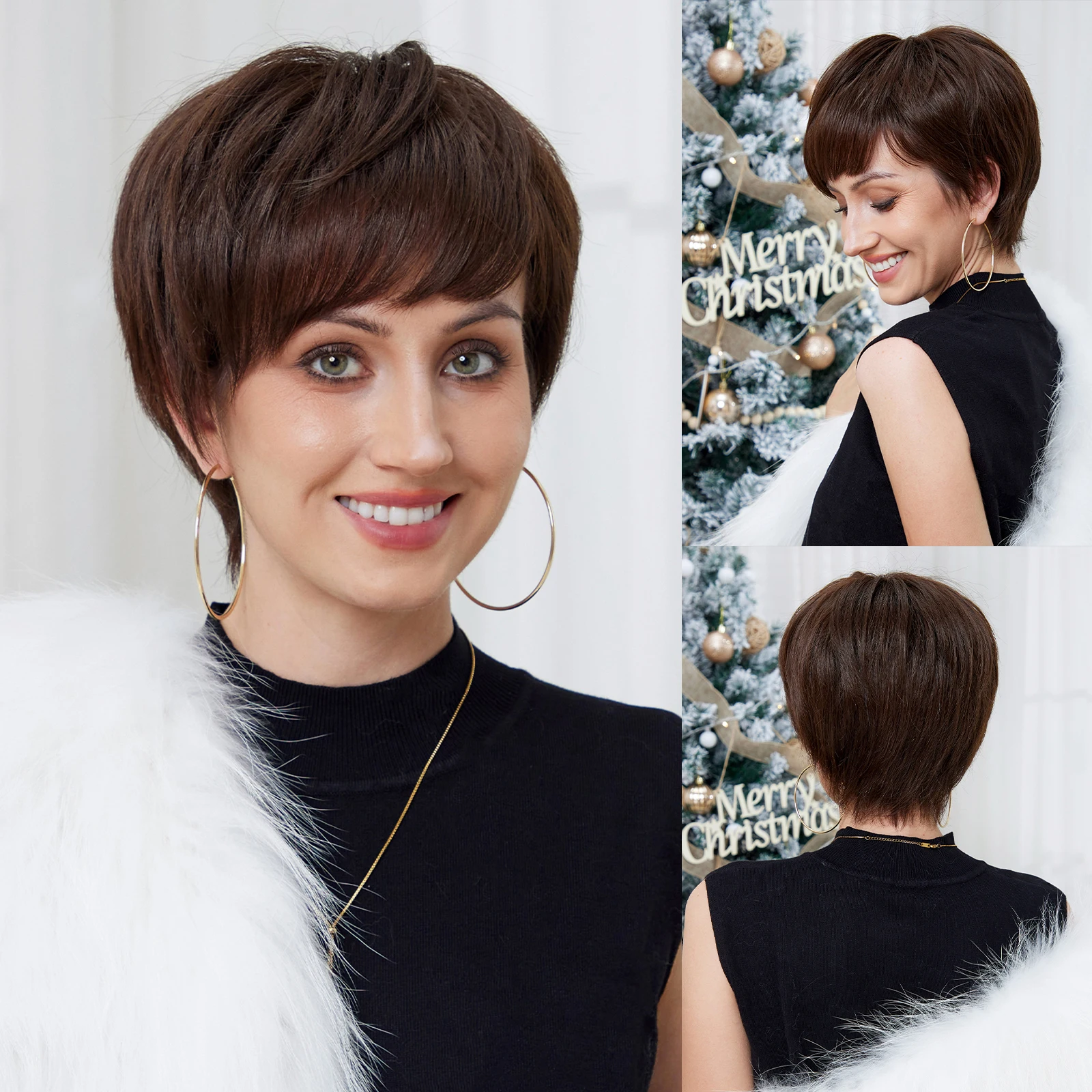 

Dark Brown Short Pixie Cut Human Hairs Blend Wigs with Bangs Natural Layered Bob Wigs Human Hair Blend Synthetic Wigs for Women