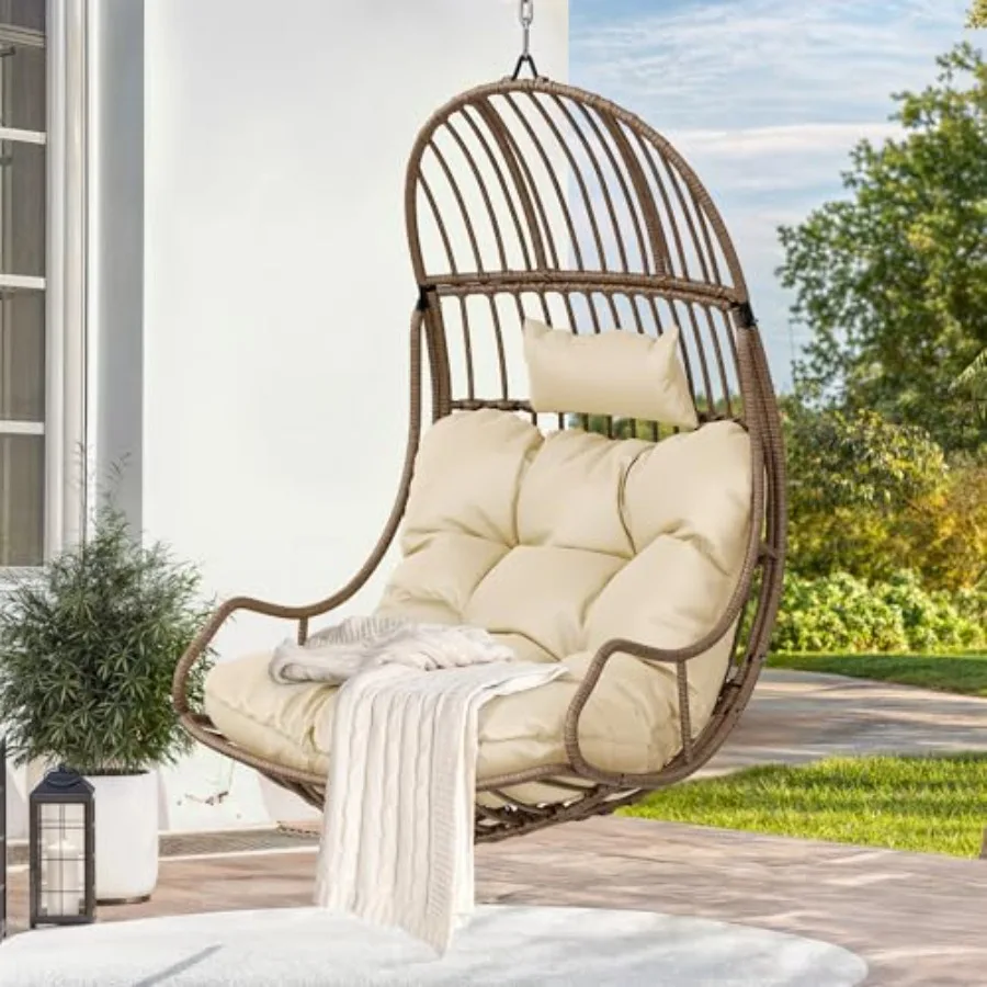 

Подвесное кресло-кокон из ротанга для дома и улицы, гамак-кресло с подушками, выдерживает до 150 кг, для патио, спальни, сада и балкона, бежевое