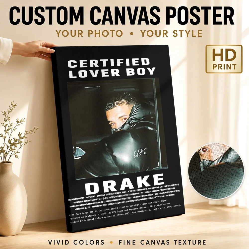 Drake Certified Lover Boy Album Canvas Print Customized Photo Dark Portrait With Tracklist Wall Art For Home Recording Studio