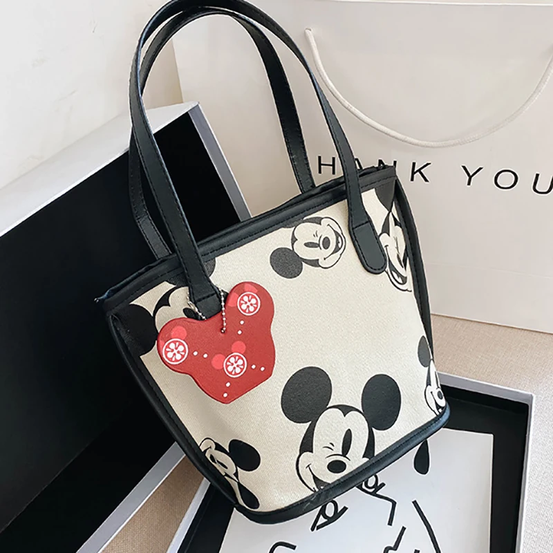 MINISO Disney Cute Print Mickey Canvas Bag Cartoon Fashion Casual Mini Handbag Shoulder Bag Water Bucket Bag