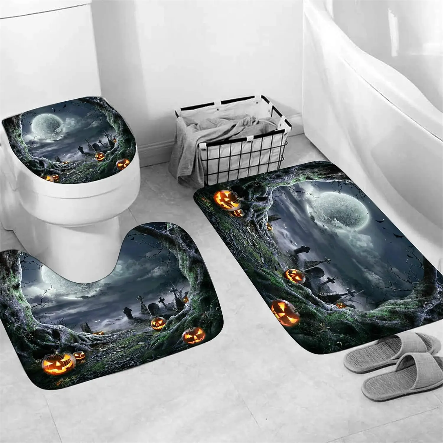 4PCS Halloween Shower Curtain Set with Non-Slip Rug, Toilet Lid Cover and Bath Mat, Moon Night Forest Pumpkin Shower Curtain
