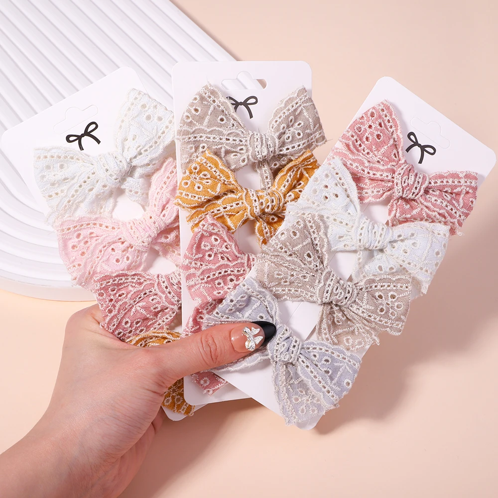 4Pcs/Set Cotton Solid Color Hollow Lace Bows Hair Clip for Kids Girls Bowknot Barrettes Hair Pins Baby Headwear Hair Accessories