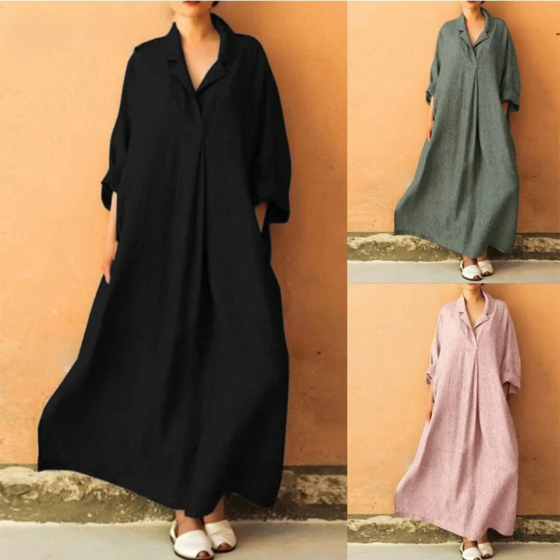 Long Sleeve Casual Vintage Oversized Vestidos De Fiesta Fashion Robe Femme Spring Autumn Solid Cotton Linen Loose Dress Women