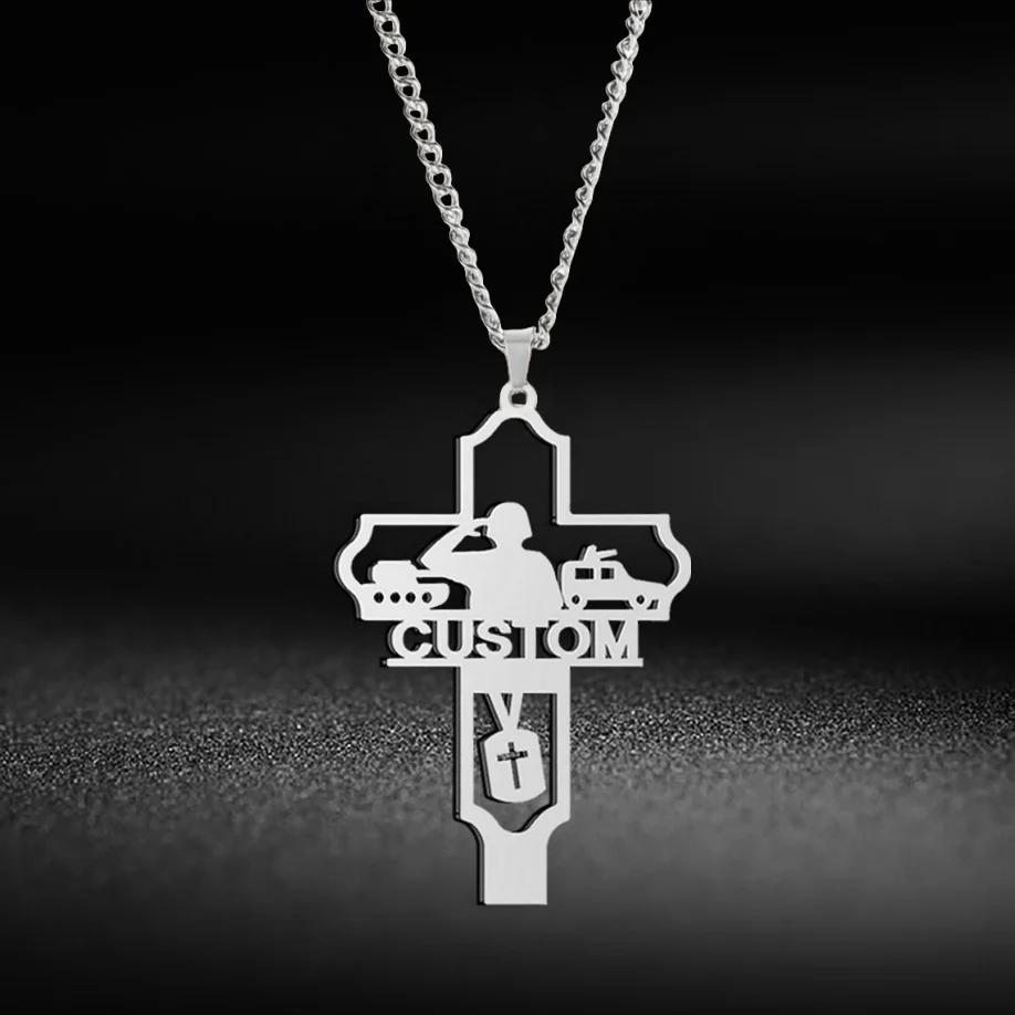 

Jeshayuan Customized Cross Name Necklace Soldier and Gun Key Ring Chain Safe Return Necklaces Peace Health Lucky Jewelry Gift