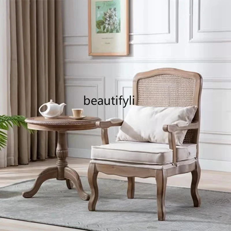 

zxqSolid Wood Wingback Chair Retro American Couch Single Sofa Balcony Small Apartment Rattan Coffee Shop Couch