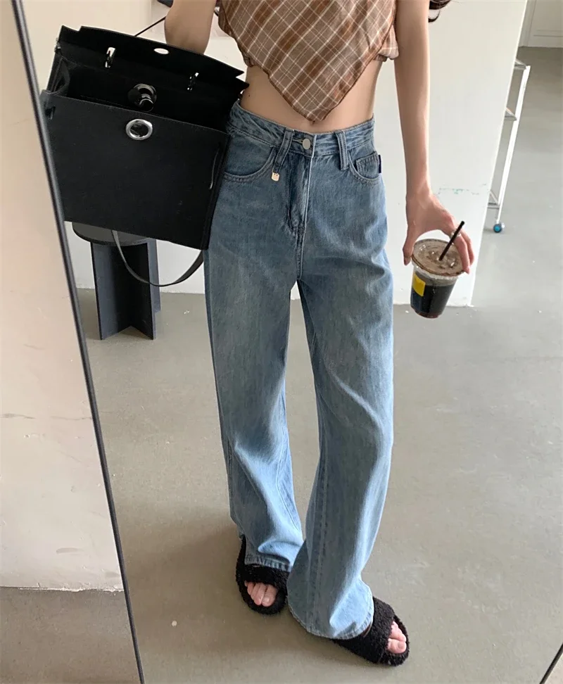 高品質ルーズワイドレッグデザインセンセーション夏 2023 女性のストレートジーンズオープンスリット床長パンツカジュアルズボン