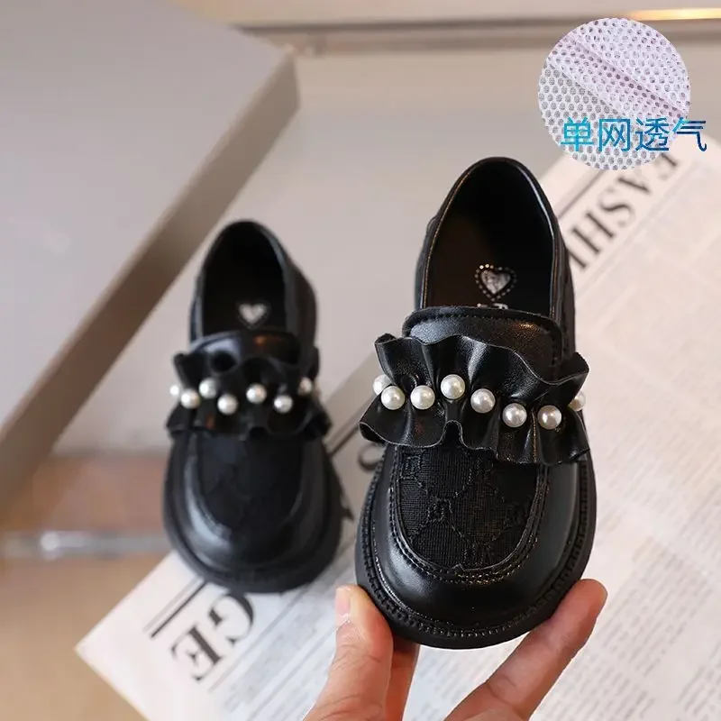 Children Leather Shoes 2023 Summer New Fashionable Single Mesh Breathable Embroidered Pearl Girls Princess Sweet Shoes