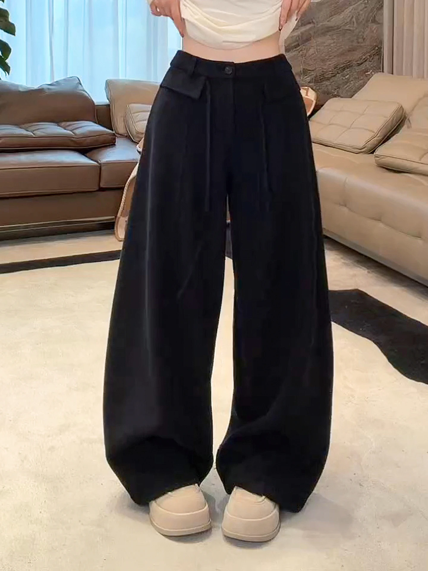 

High Waist Fce Lined Merino Wool Circle Yarn Versatile Slimming Casual Pants ME MESA4832 Women's Straight Leg Trousers