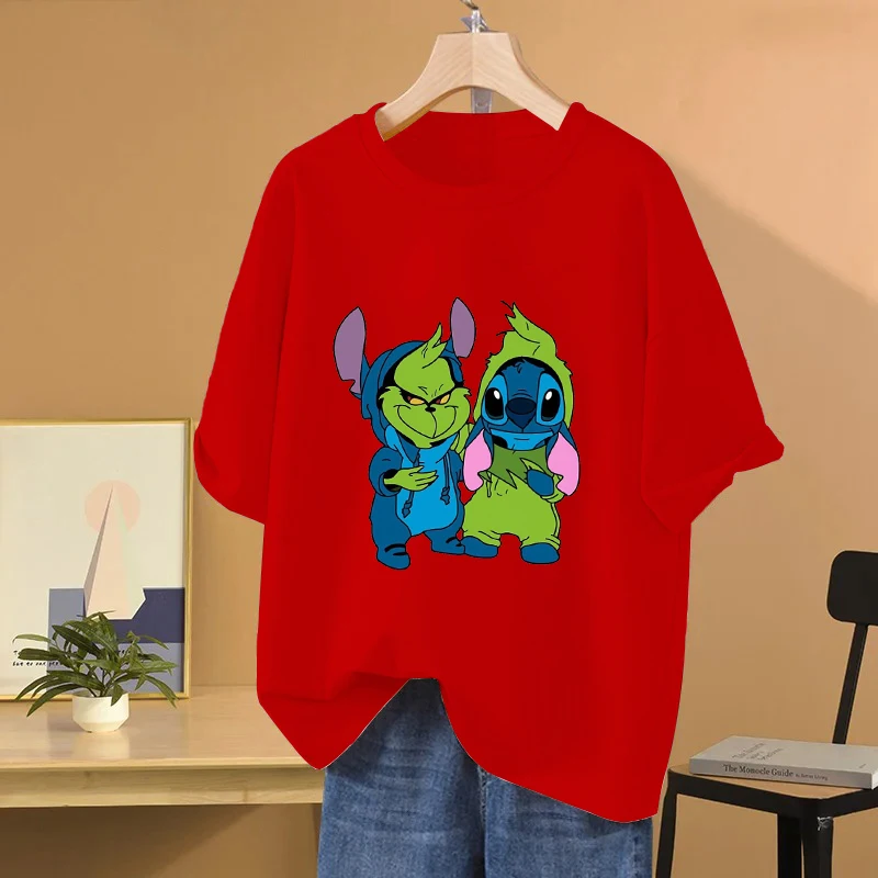 Stitch Cartoon Anime Women T-shirt Summer Short Sleeve Men Tee Shirts 100% Cotton 2025 New Fashion Couple Clothes Tops