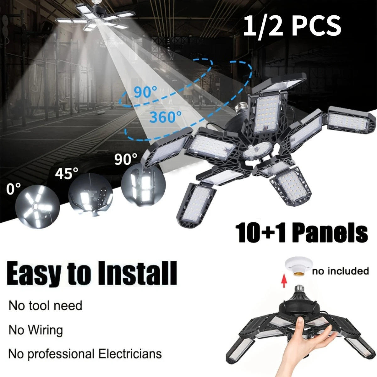 1/2PCS Deformable Ceiling Led Garage Lamp 10+1 Adjustable Panels Daylight 6500K Shop Light for Attic Workshop Basement Lighting