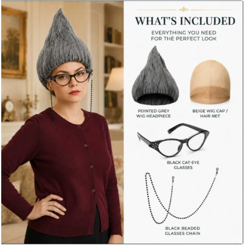 Disfraz de Bruja Gnomo para Mujer Mayor, Set de 4 Piezas: Gorro con Puntas Grises, Gafas de Ojo de Gato, Cadena de Cuentas, Accesorios para Fiesta de Disfraces de Halloween