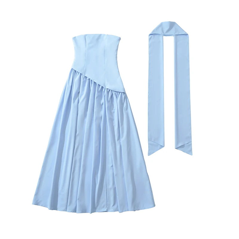 Robe longue asymétrique bleu clair sans bretelles pour femme, froncée, sexy, avec fente et lacets, pour soirée, élégante, formelle, avec écharpe