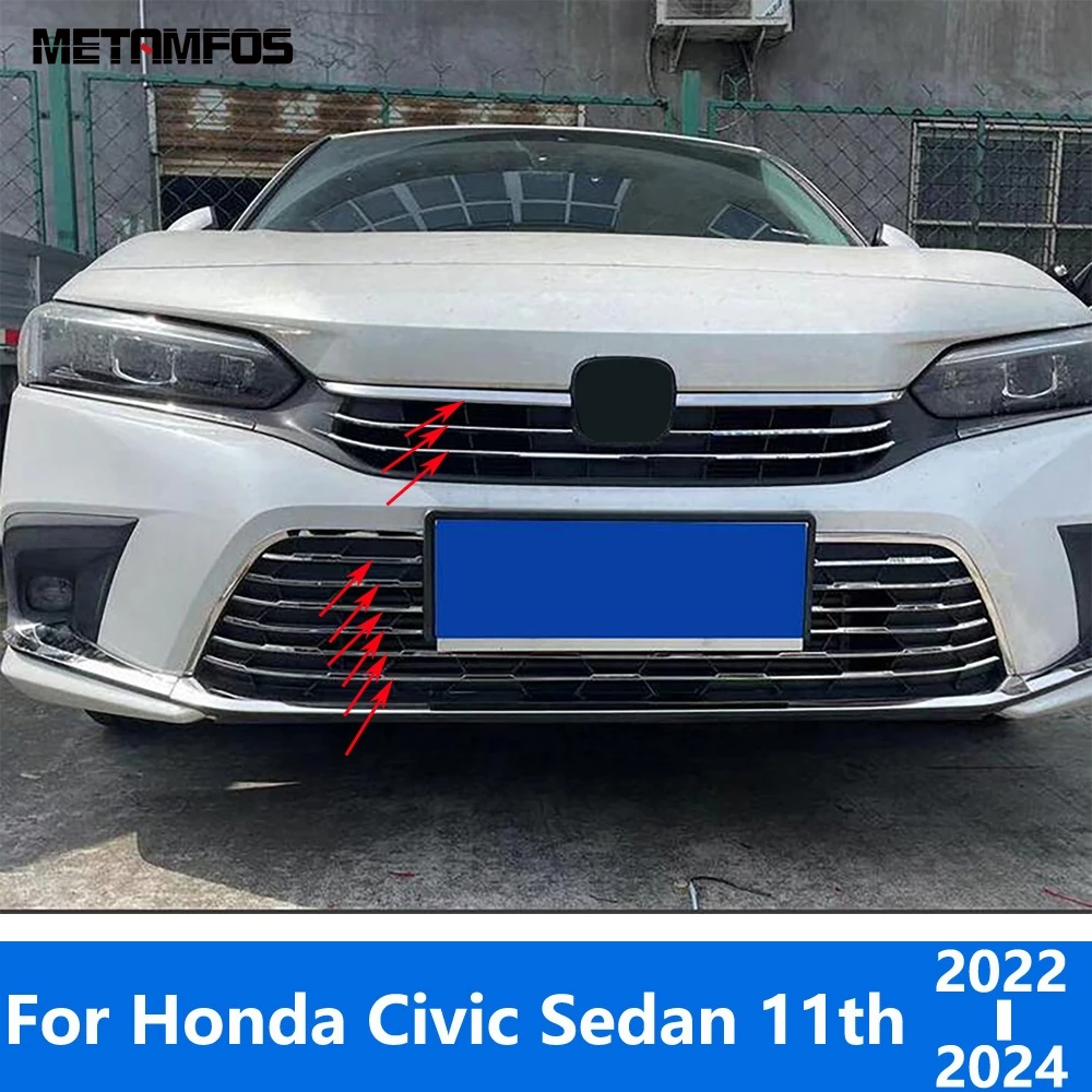 

For Honda Civic Sedan 11th 2022 2023 2024 Stainless Steel Front Bumper Mesh Grille Racing Grill Molding Trim Car Accessories