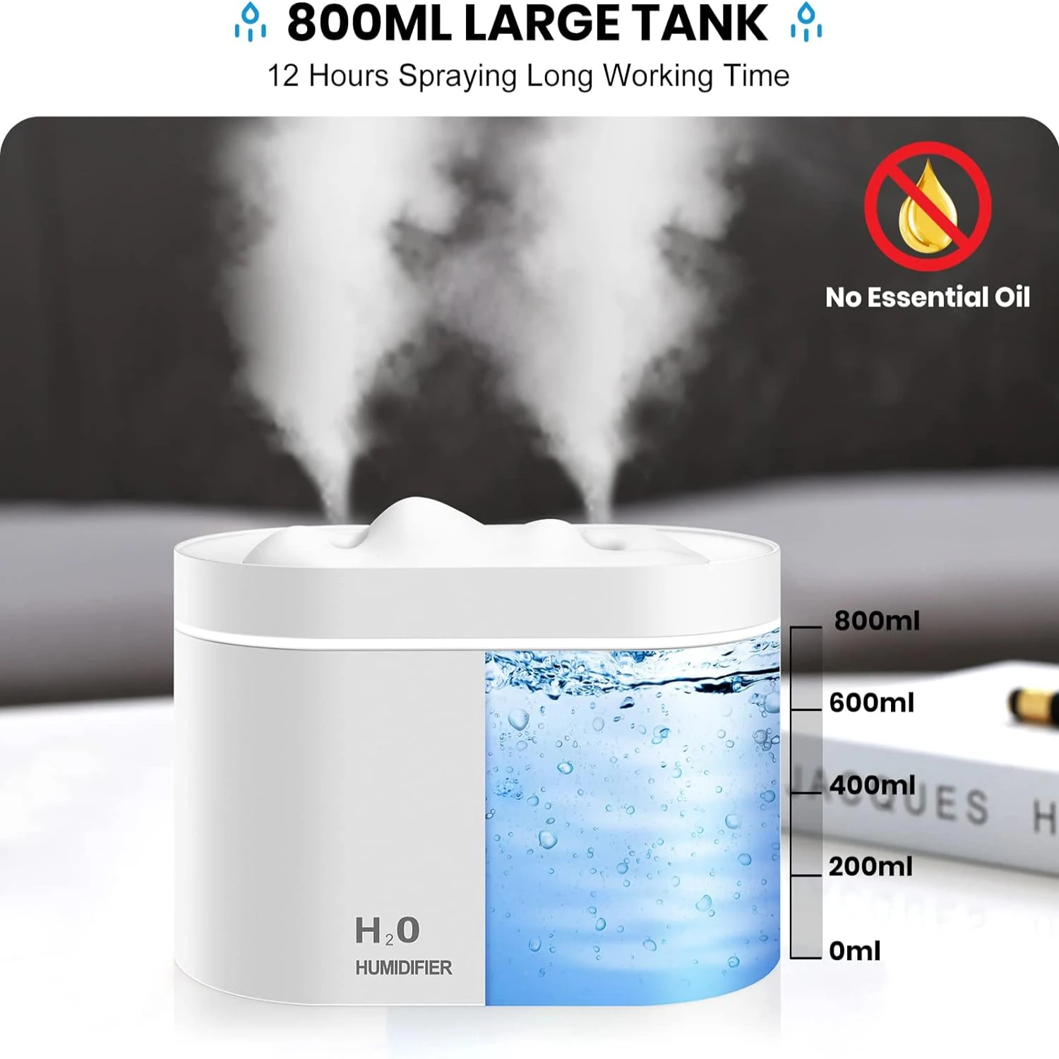 مرطب هادئ ومحمول صغير باللون الأبيض البارد - مرطب مكتب شخصي صغير جدًا سعة 800 مل مع تصميم فوهة مزدوجة وتلقائي