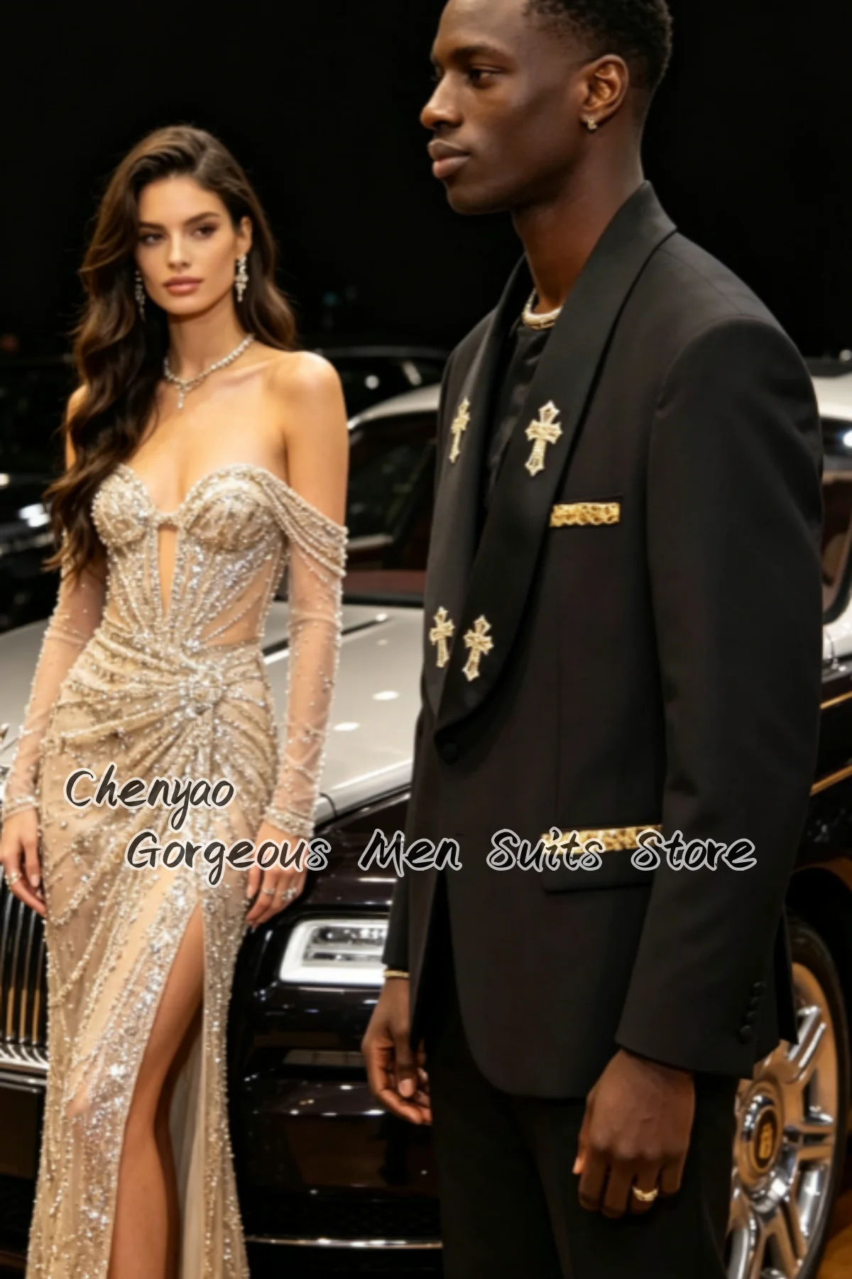 Classic Beaded Crystals Slim Fit Men Suits Customized Groom Wedding Party Tuxedos Hige End Male Prom Blazers 2Pcs ropa hombre