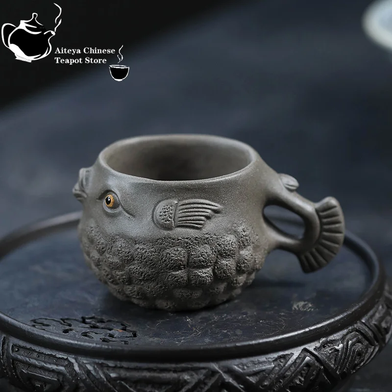 Yixing handmade raw ore purple clay cup biomimetic pufferfish master cup tea cup grey clay tea set small cup single cup