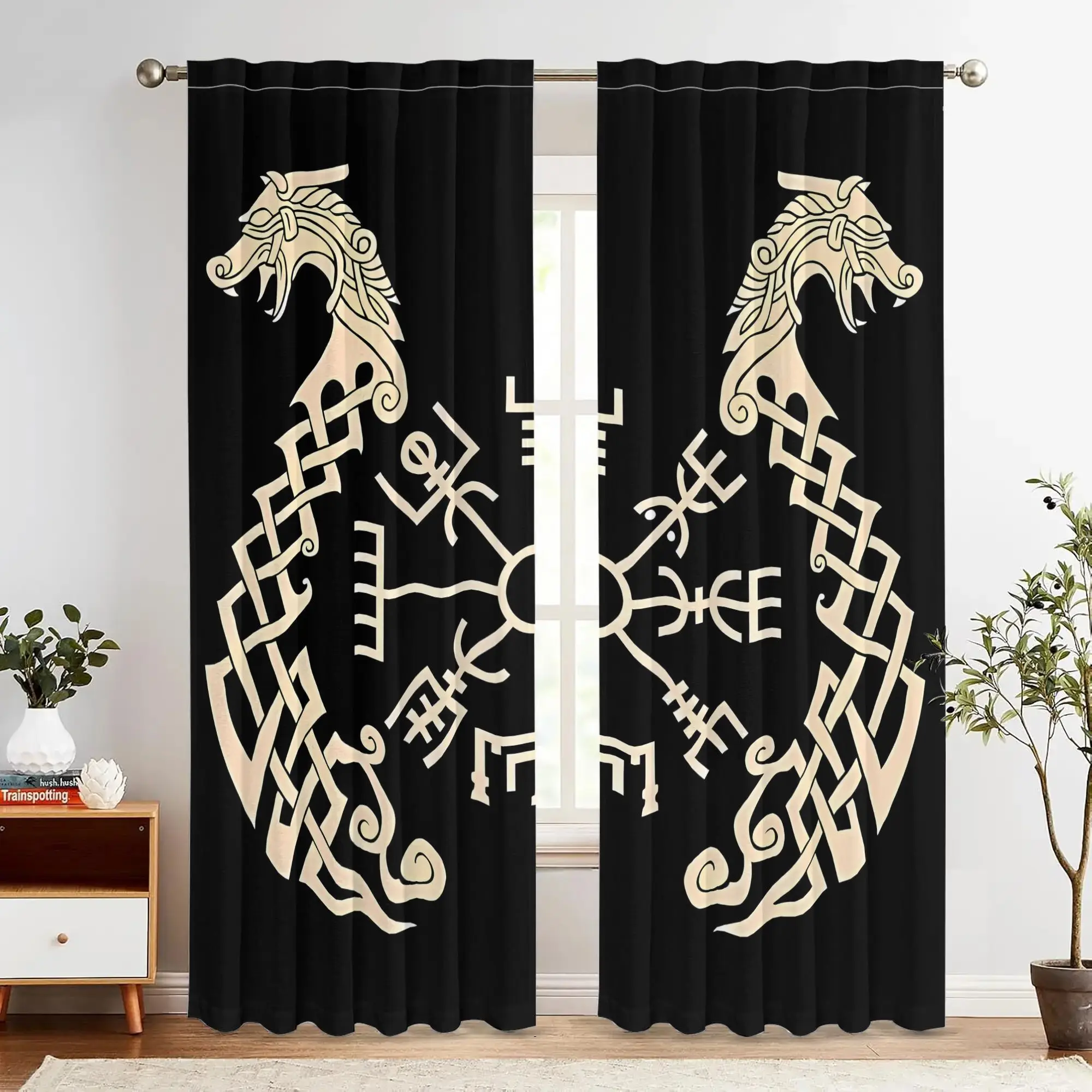 Viking Dragon Curtains Norse Symbolic Art Window Drapes Nordic Design Viking Home Decor Black White Living Room Curtain