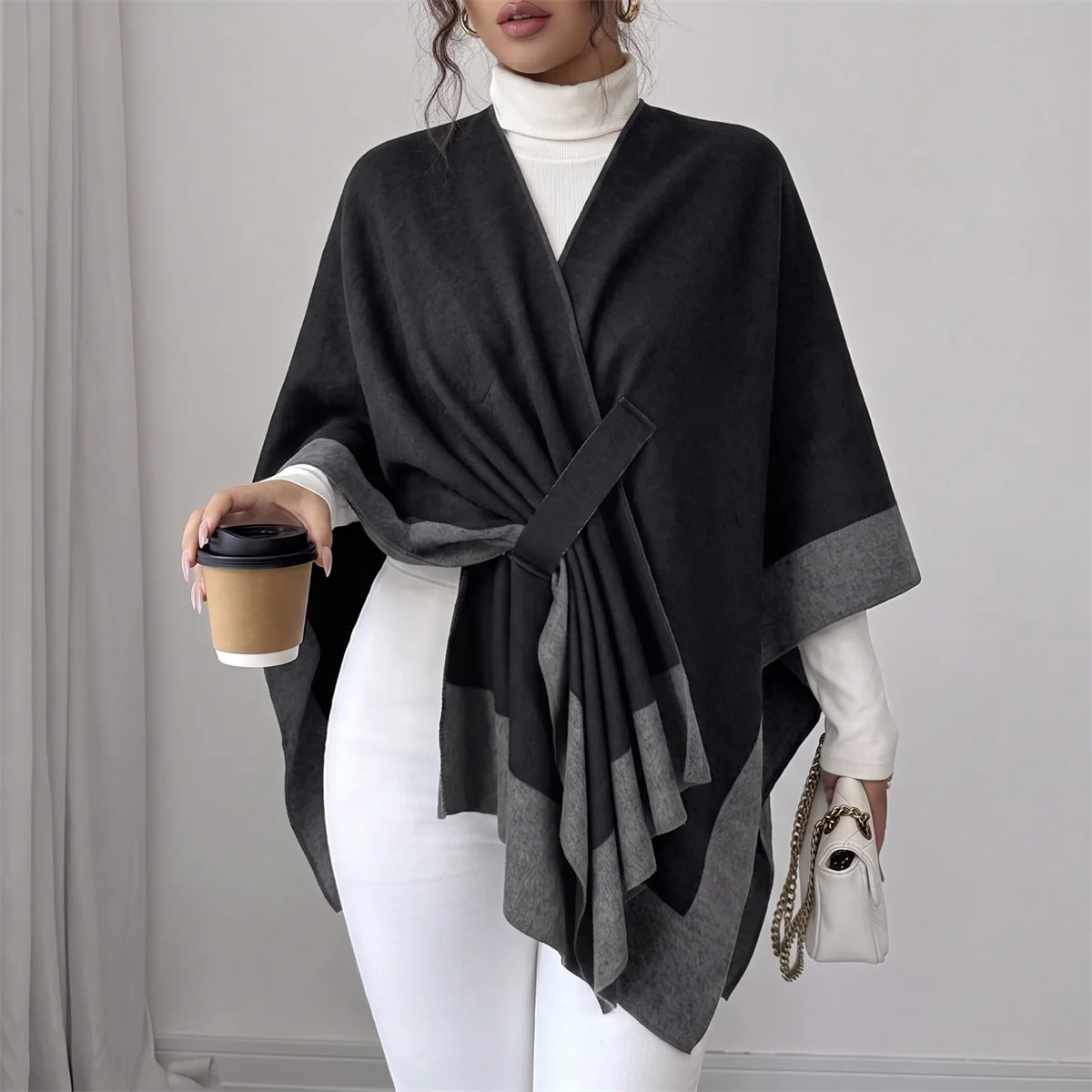 Women Color Block Cape Shawl Wrap Open Front Tie Belt Poncho Coat Warm Thick Outerwear Elegant Fall Winter Lady Office Travel