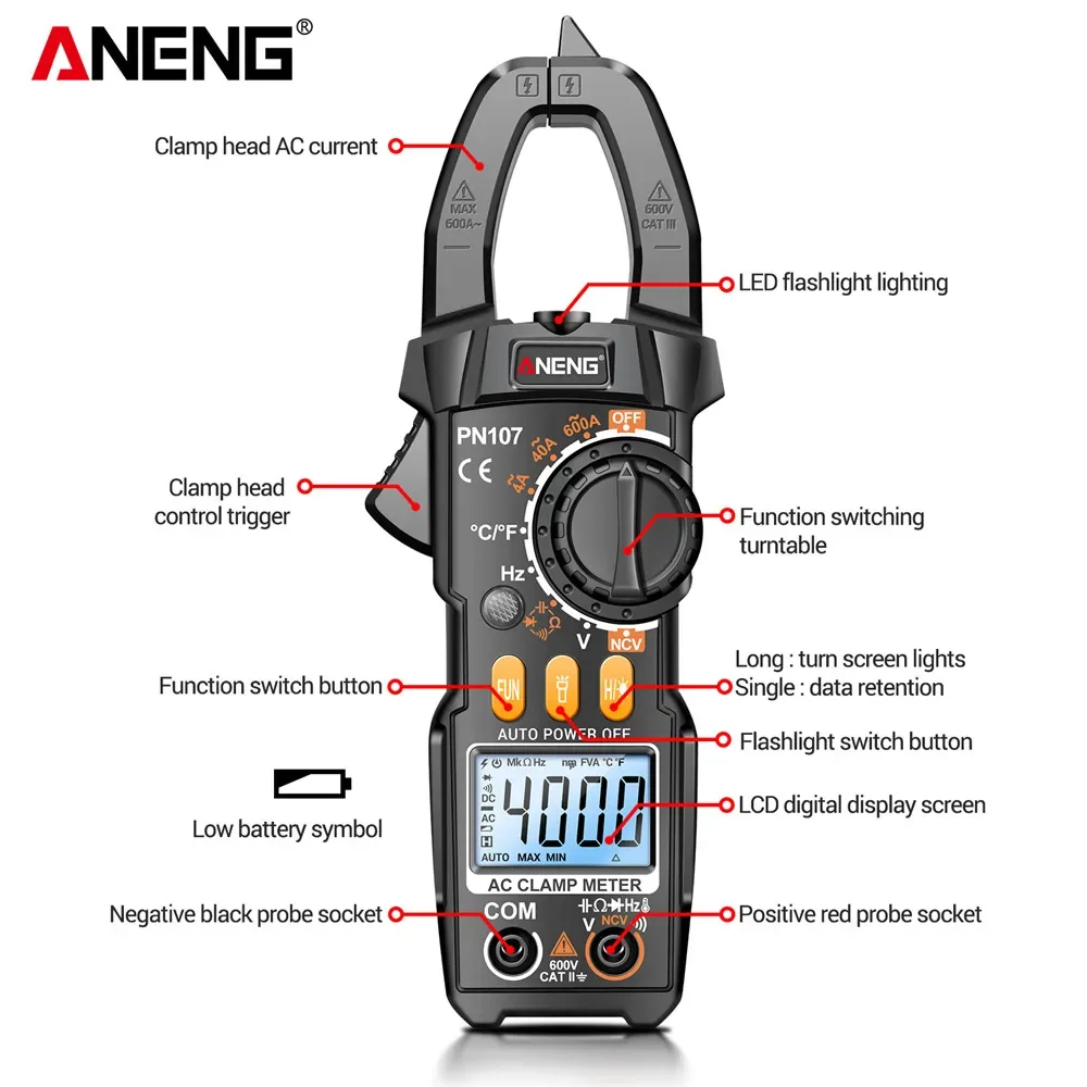 ANENG PN107 Pinza amperometrica digitale AC/DC Test di temperatura di tensione Multitester Vero RMS 4000 Conteggio Multimetro elettrico Tester Strumento