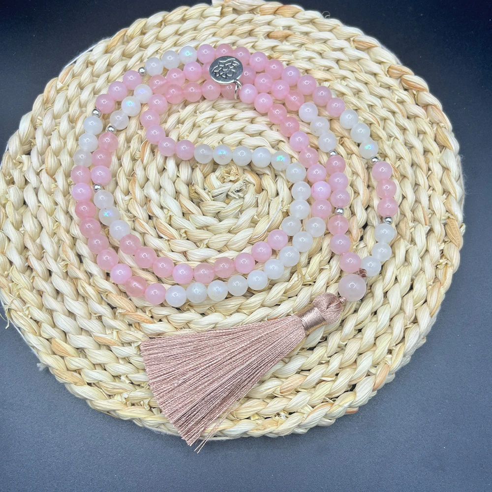 

8mmRose Quartz Moon Stone Beaded 108 Mala Necklace Meditation Yoga Jewelry Rosary for Women