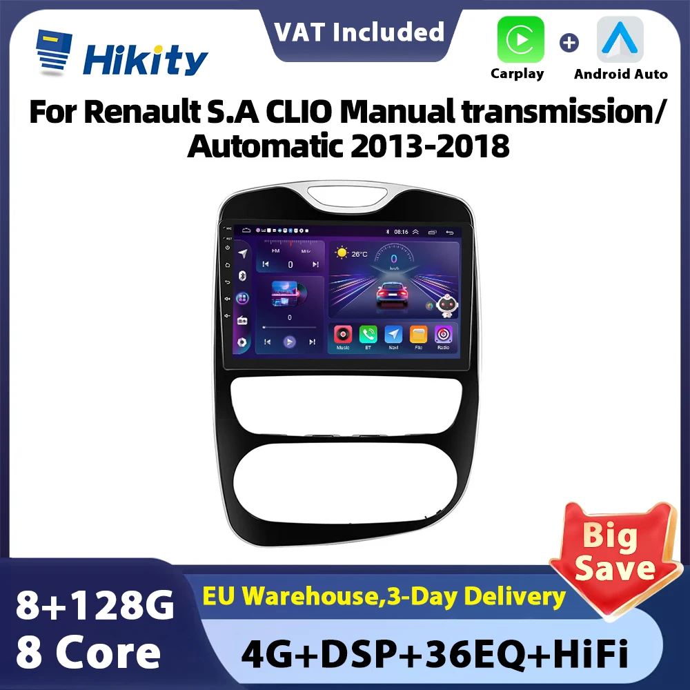 Hikity 10.1inch Carplay Car Radio 2 din Android For Renault S.A CLIO Manual transmission/Automatic 2013-2018 Auto Stereo GPS