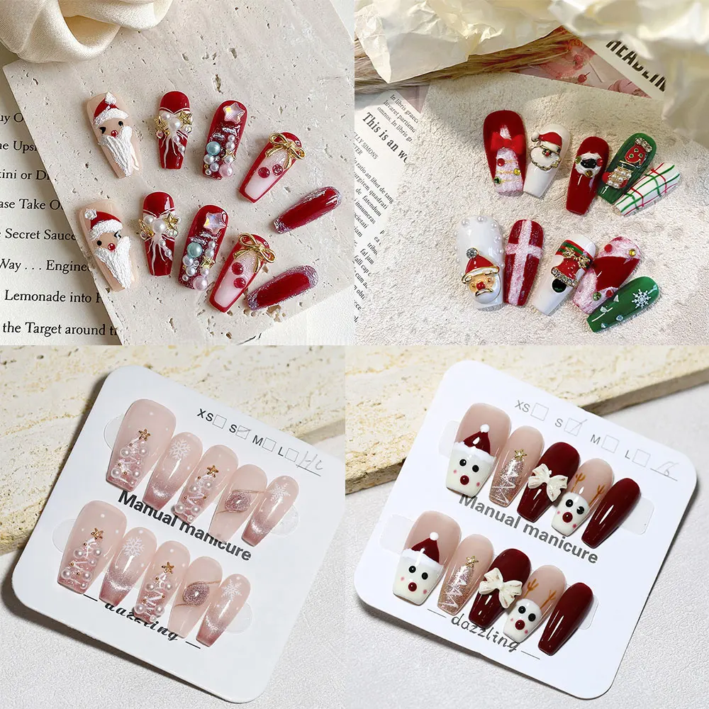 10 teile/beutel Weihnachtsbaum Santa Claus Schneemann Rentier Schneeflocke Handgemachte Presse Auf Nägel Medium Sarg Abnehmbare Falsche Nägel