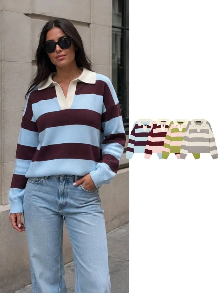 HH Female Retro Striped Polo Neck Knit Sweater Loose Knitwear Streetwear Campus Daily Vacation Office Street Pullover Top