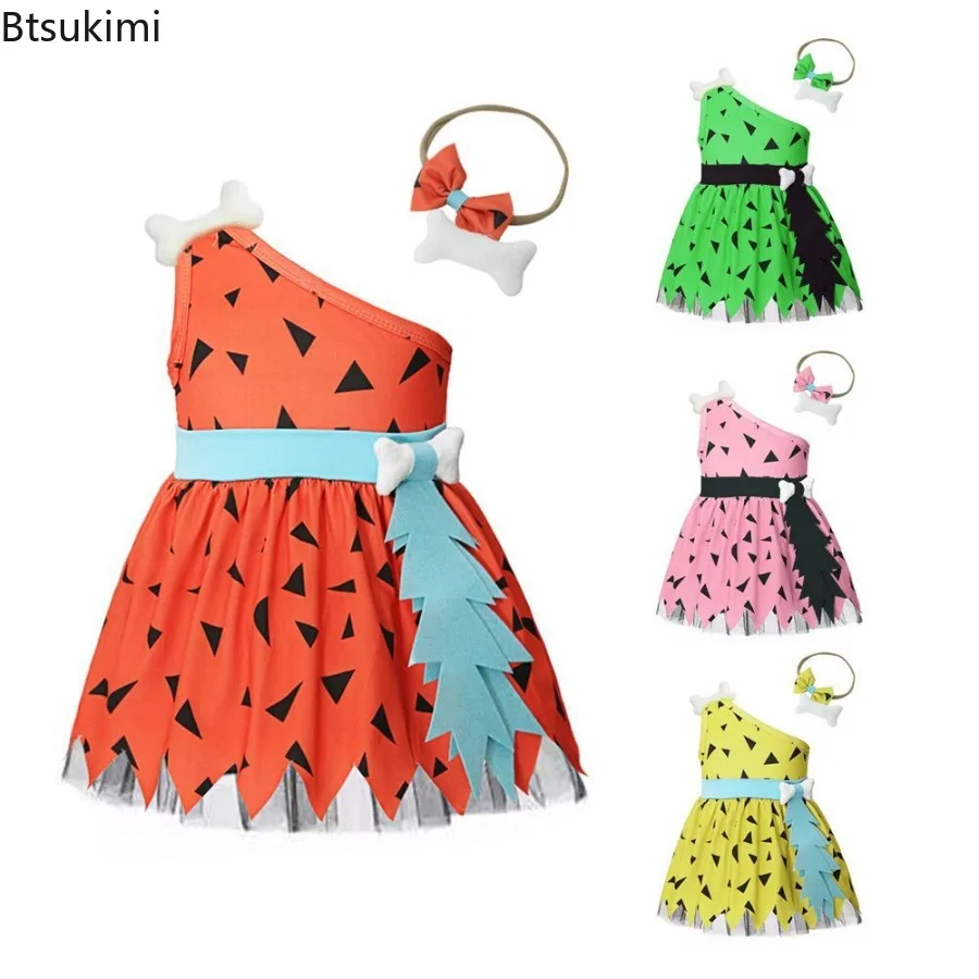 

Kids Halloween Dresses Set Caveman Cavegirl Stone Age Outfit for Girl Boy Halloween Cosplay Girl Pebbles Inspired Dress Up Suit