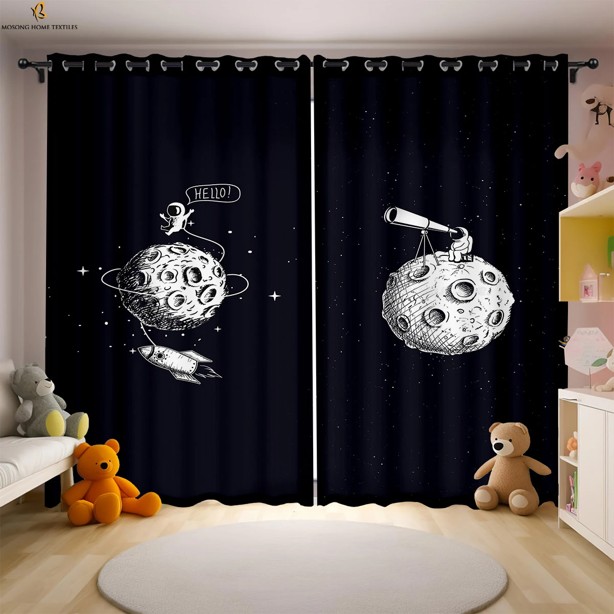 

Black And White Cartoon Astronaut Starry Sky Space Print Curtain Bedroom Living Room Children's Room Decorative Curtain 2 Pieces