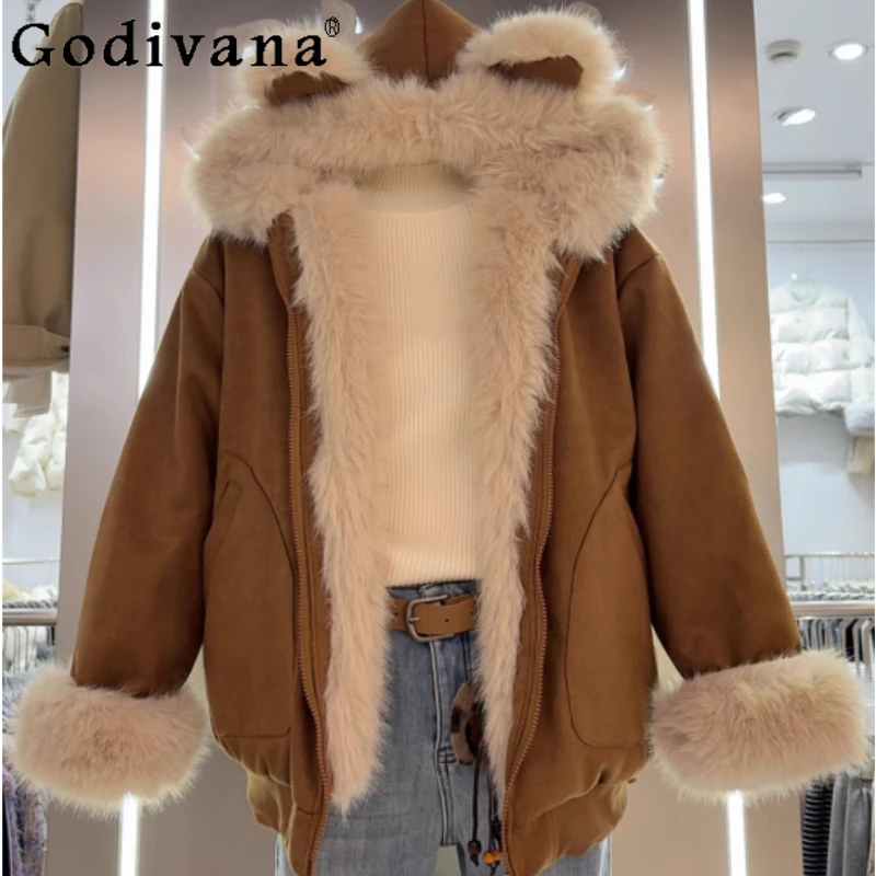 

Winter Fashion Korean Chic Hooded Fleece Jacket Women Sexy Versatile Age-reducing Elegant Long Sleeve Solid Color Warm Coat