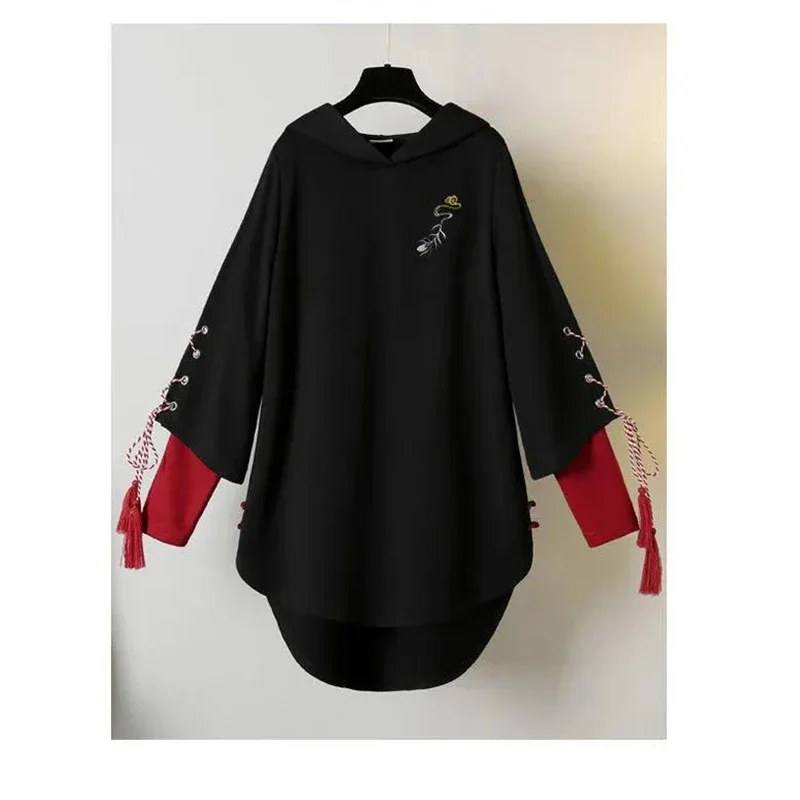 Autumn Winter Women Hoodies Chinese Style Fashion Lace-up Embroidery Pullovers Oversize Plus Size Female Tops Women Clothing