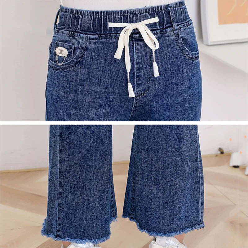 Celana jins wanita pinggang tinggi, celana Denim ramping kasual, celana Bell-Bottoms, Skinny, pinggang tinggi, renda, panjang pergelangan kaki, Mode Korea