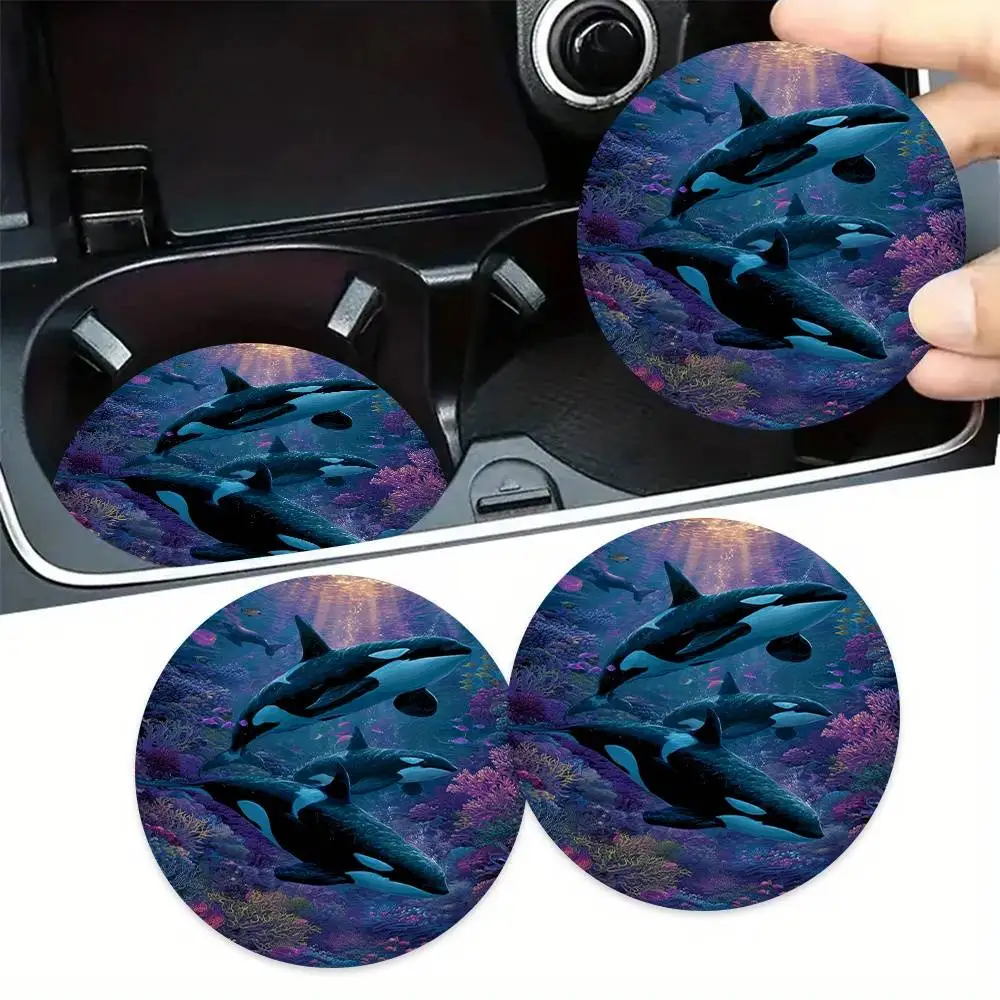 Orca Reef Harmony EVA Car Cup Coasters 2pcs. Vibrant Ocean Design Durable Easy-clean Car & Desk Decor Holiday & Birthday Gifts.