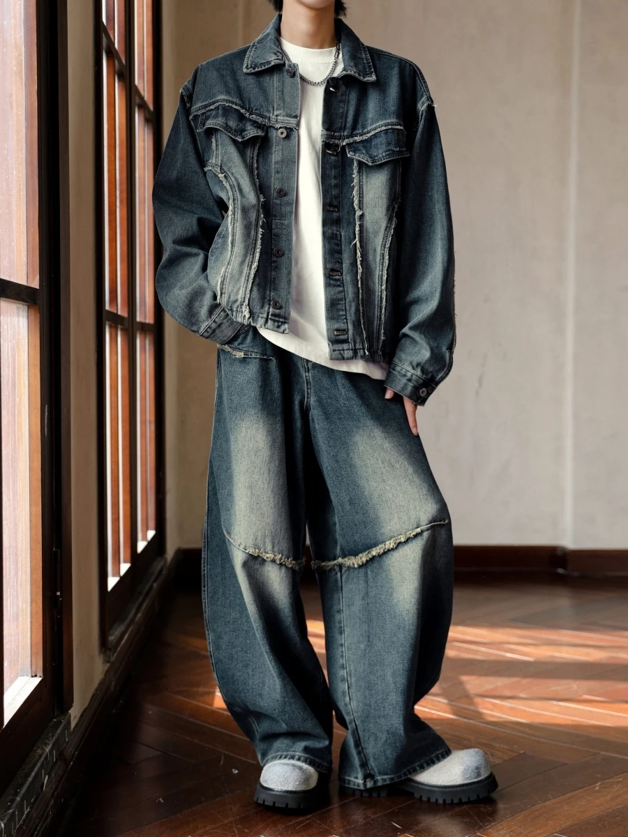 

American Retro Waed Blue Denim Jaet And Pants Set Men's Autumn Winter Faion Outerwear Stand Fit Youth ular Polyester