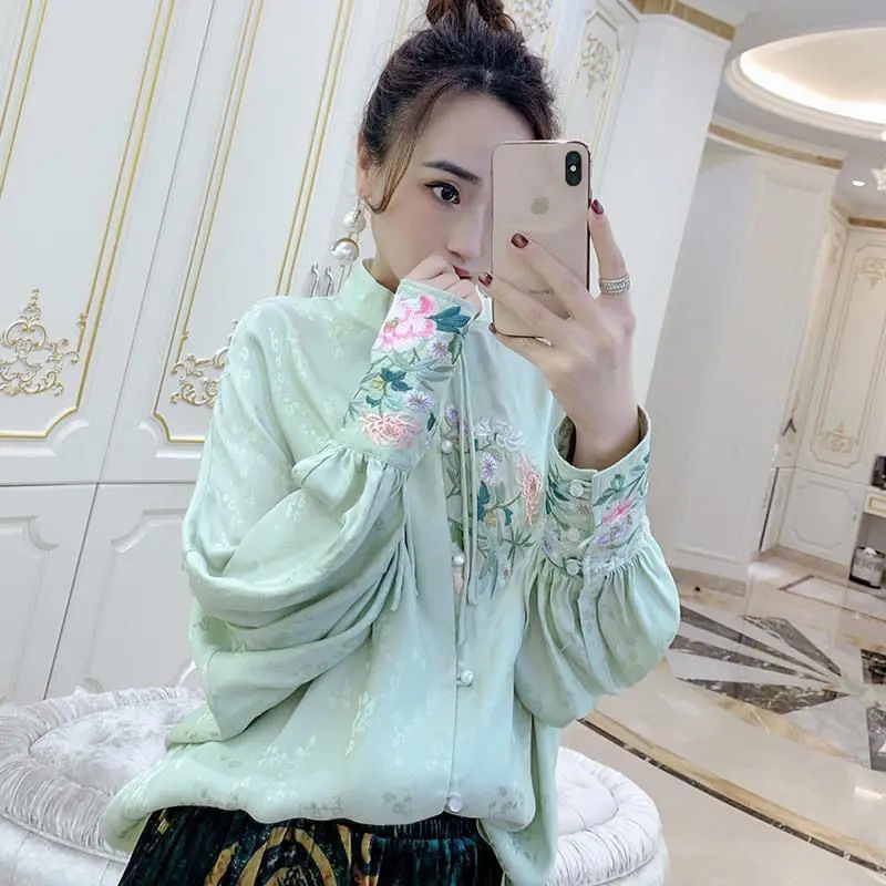 2024 retro chinese embroidery loose sleeve shirt  women spring autumn jacquard satin design sense casual top daily tangsuits top