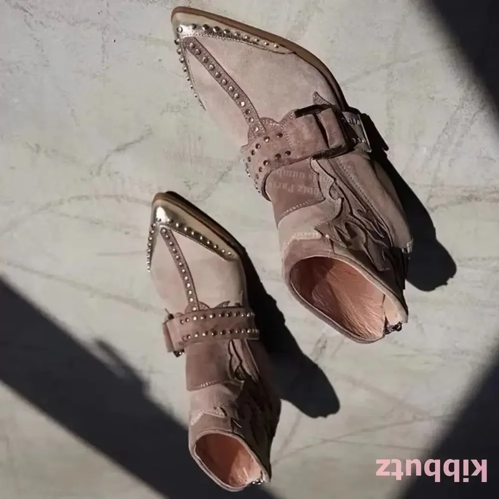 

Suede Ankle Knee Boots Belt Buckle Rivet Pointed Toe Square Heel Cowboy Mixed Colors Back Zipper Sexy Fashion Women Shoes Newest