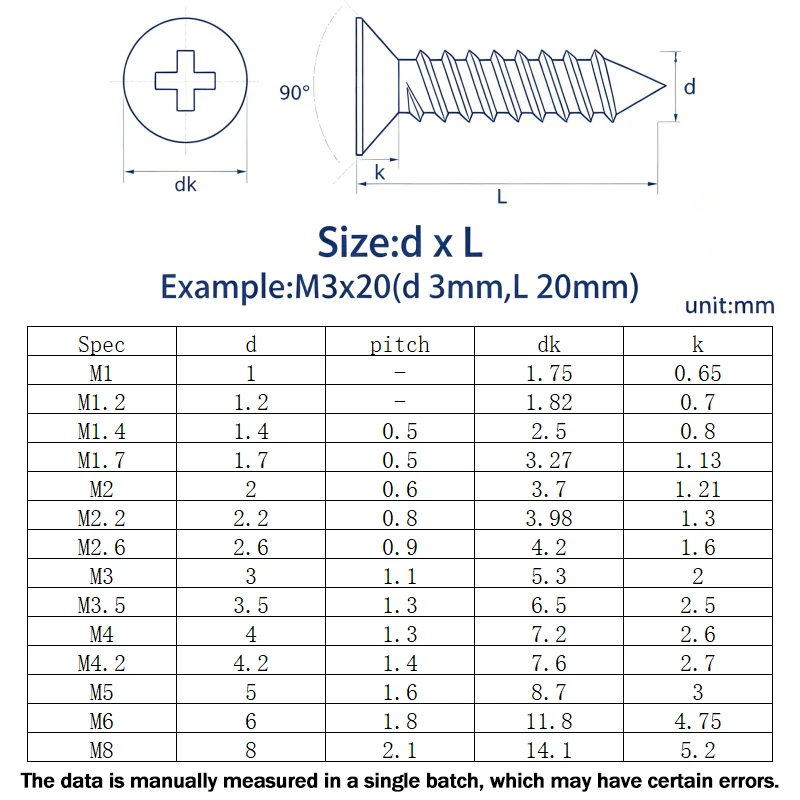 M2 M2.2 M2.6 M3 M3.5 M4 M5 M6 Flat Countersunk Head Self Tapping Screws 316 Stainless Steel Cross Recessed Flat Wood Screws