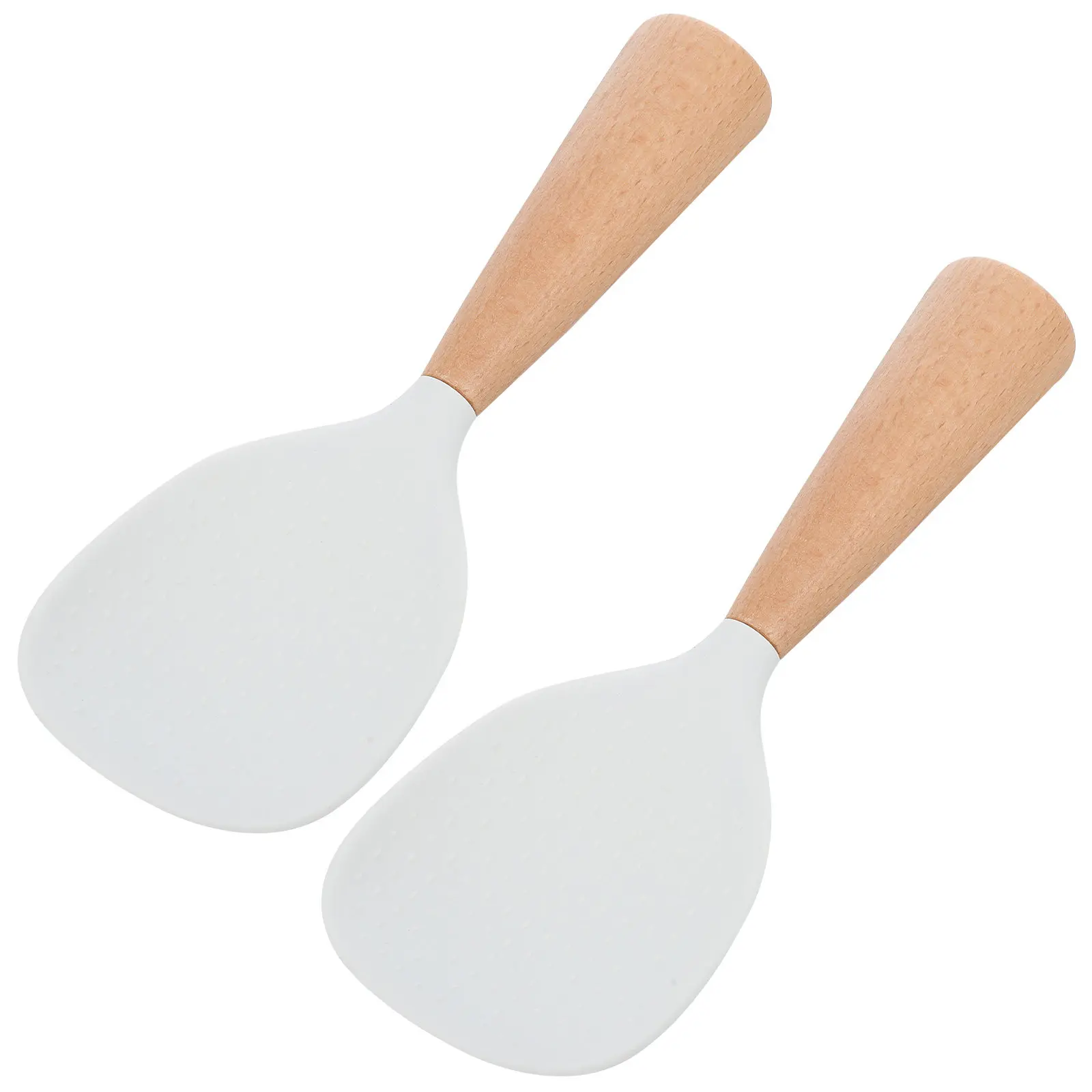 2Pcs Silicone Rice Paddle Non Stick Heat Resistant Self Standing Rice Spoon Wooden Handle Kitchen Cooking Serving Tool